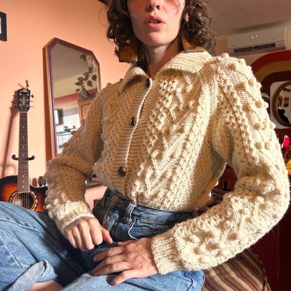 1990s handmade vintage button up wool fishermans aran cardigan! - Picture 9 of 16